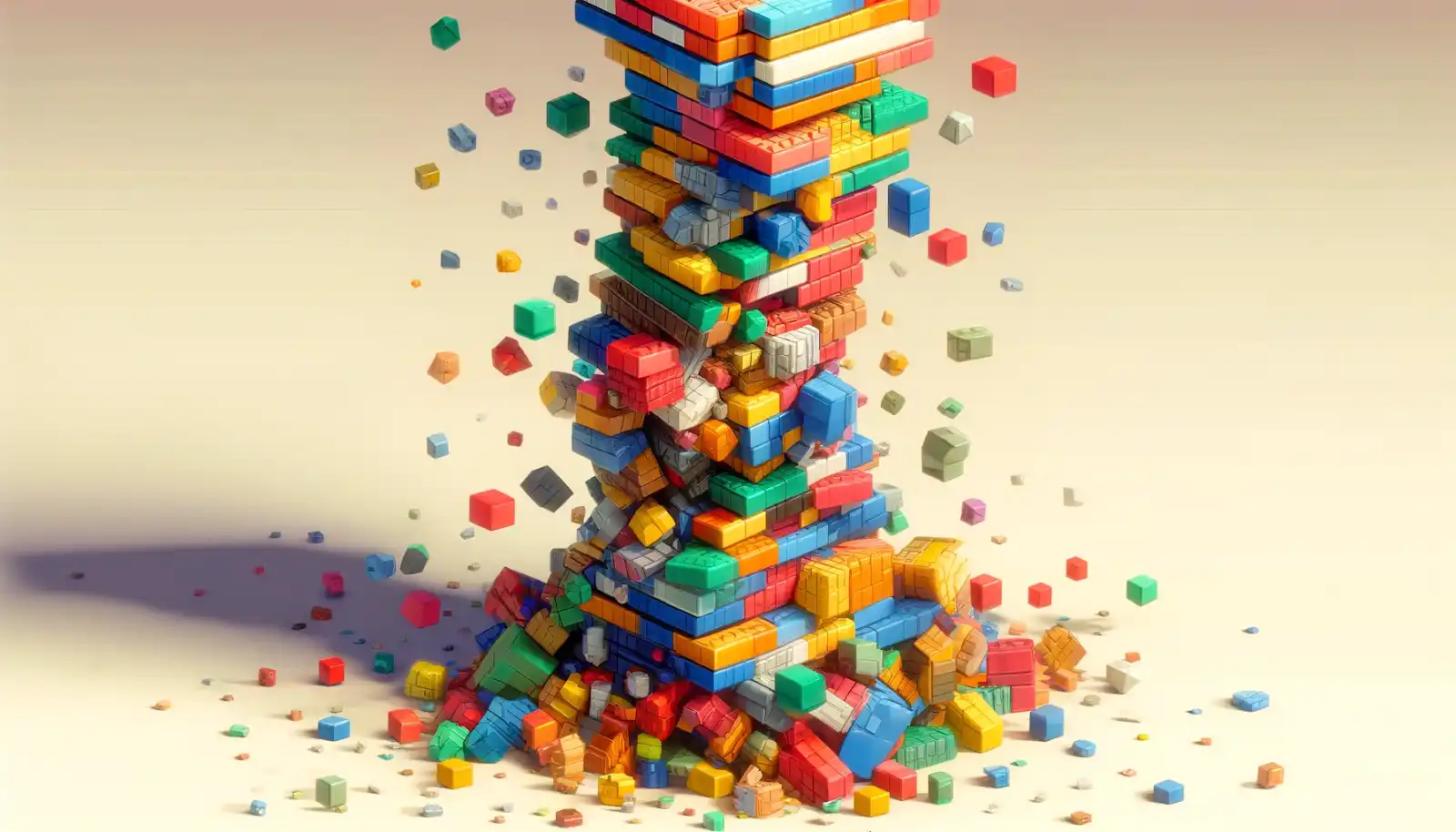 An unstable tower built from colorful building blocks, representing the scalability issue of DAOs.
