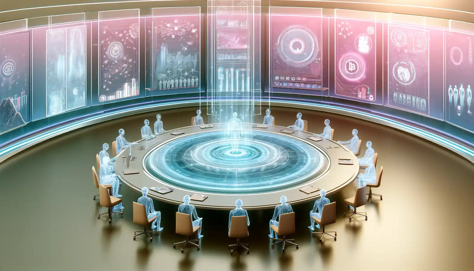 Diverse holographic figures around a circular table, representing the decentralized nature of DAOs.