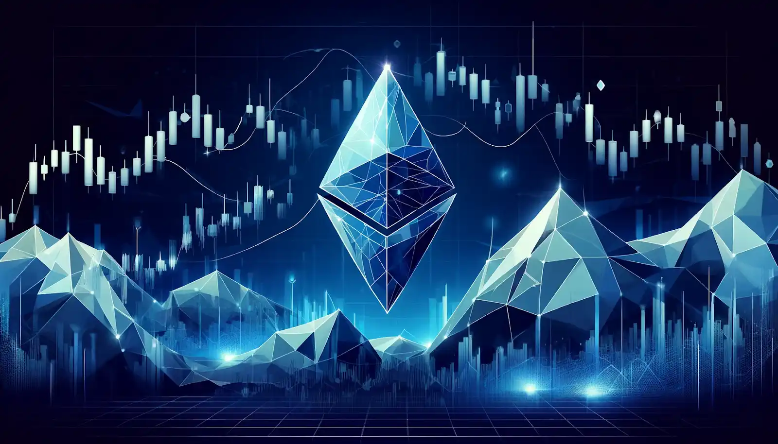 With blue background and trading candlesticks, Ethereum symbol representing frequent price changes