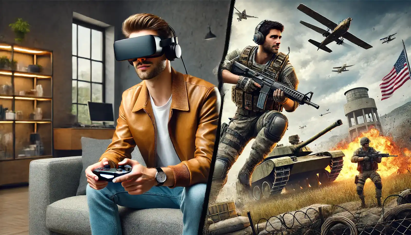 Split screen: Man with VR headset on the sofa and his digital avatar venturing into army territory.