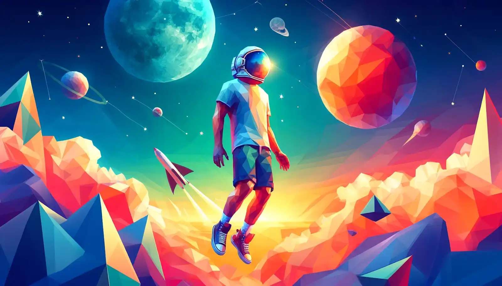 A man in a t-shirt, shorts, sneakers, and an astronaut helmet, floating in the sky with massive planets and the moon in the background.