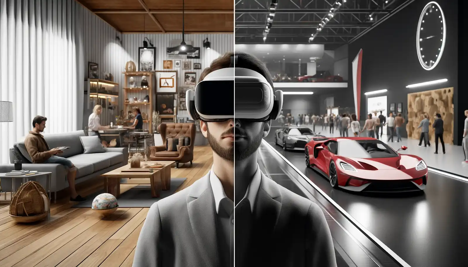 A man wearing a VR headset in a cozy home setup on one side, and the same man in an auto expo with fancy cars on display and people checking them out on the other side.