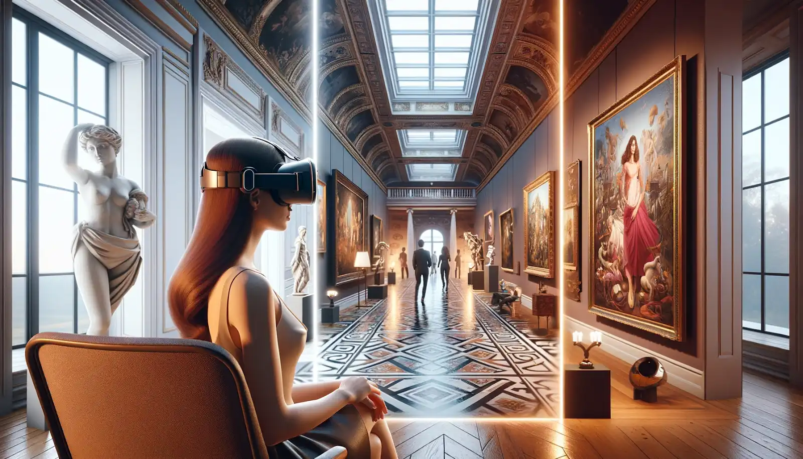 A woman wearing a VR headset sitting on a chair while the second part shows her in an art gallery.