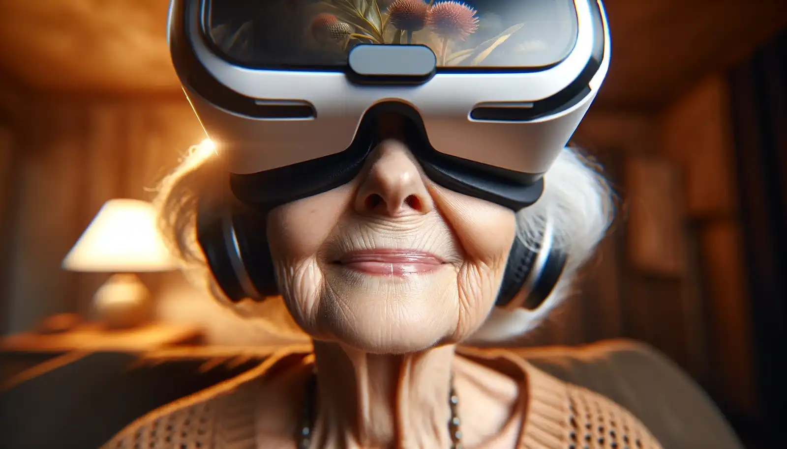 Close-up image of an old lady smiling wearing VR headsets.