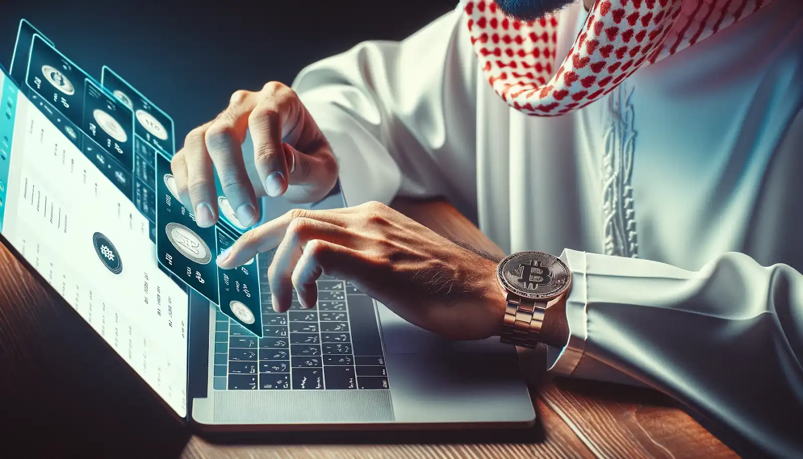 Emirati Sheikh scrolling and buying digital assets on his laptop.