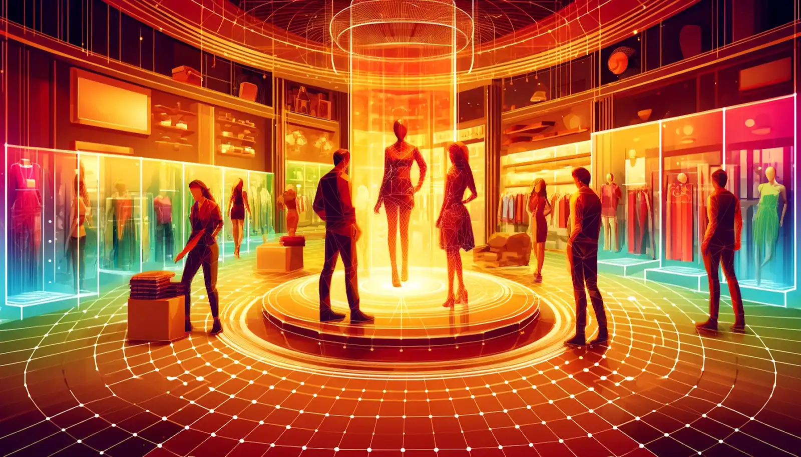 Shoppers in a virtual store with holographic displays, virtual mirrors, and stylish clothing racks. 